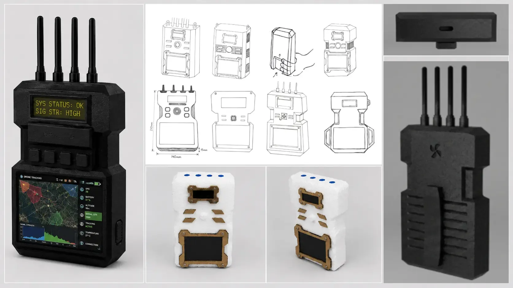 Solution renders, sketches, and mockups of the handheld drone tracking device enclosure